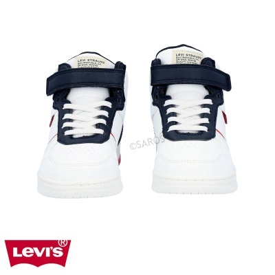 Ténis infantis brancos com detalhes em azul-escuro e fecho de velcro da marca Levi's