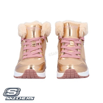 Ténis Skechers femininos dourados com peluche bege e atacadores rosa
