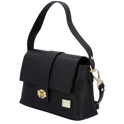 Mala de mão preta em pele com textura granulada e fecho dourado