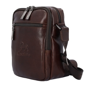 Mala de ombro de couro castanho escuro com fecho de correr e logótipo de cavalo