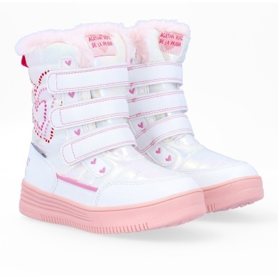 Botas infantis brancas e cor-de-rosa com velcro e interior de pelo
