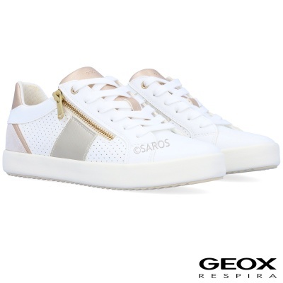 Ténis Geox brancos com detalhes bege e dourado, fecho de correr dourado, sola branca.