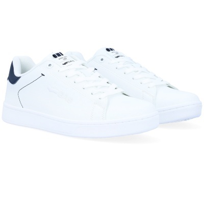 Ténis brancos com detalhes azul escuro e atacadores brancos