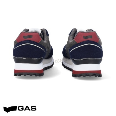Ténis desportivos GAS em azul, cinzento e vermelho vistos pela parte traseira