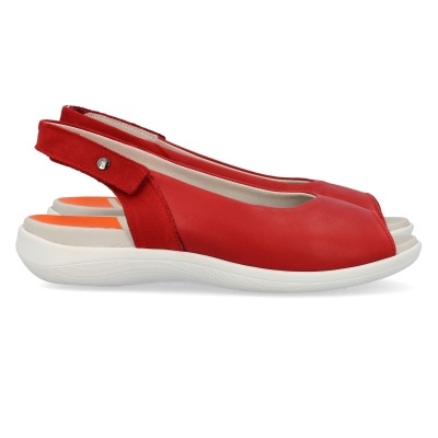 sandálias vermelhas com sola branca e fecho ajustável no calcanhar