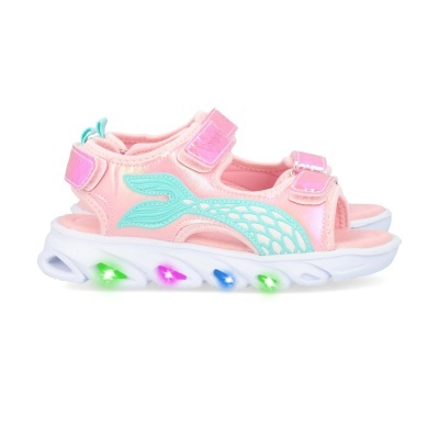 Sandálias infantis cor-de-rosa com velcro e luzes coloridas na sola