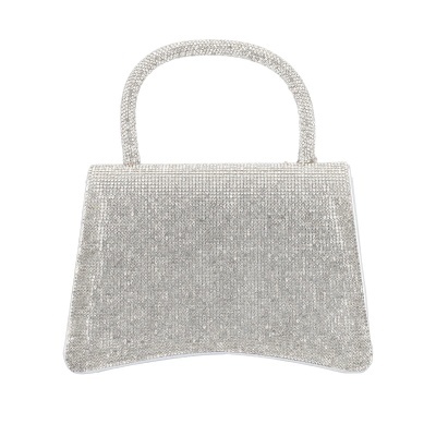 Mala de mão prateada com cristais brilhantes e asa rígida