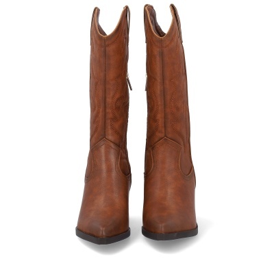 Botas altas castanho claro em couro com salto quadrado preto