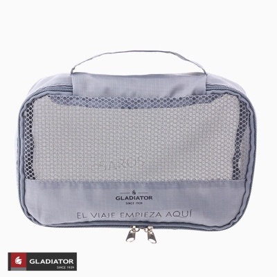 Bolsa organizadora de viagem cinza com malha e fecho duplo