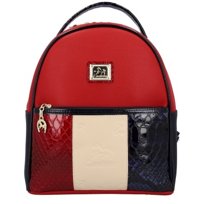 Mochila vermelha com detalhes vermelhos, bege e pretos imitação pele de crocodilo, placa Cavalinho dourada