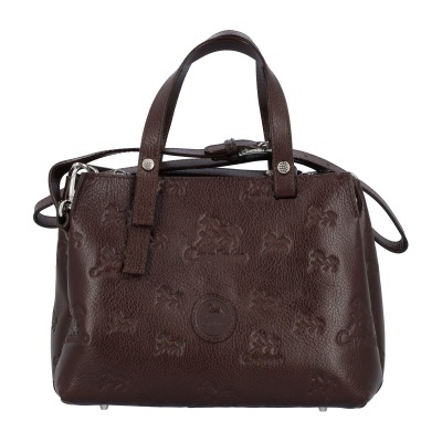 Mala de mão em couro castanho com padrões gravados e alça longa