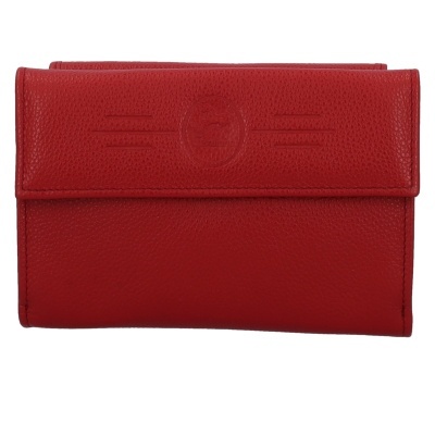 Carteira vermelha com textura granulada e emblema em relevo