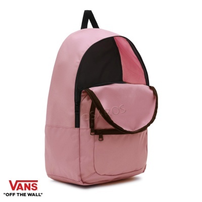 mochila rosa clara com bolso frontal preto e logótipo VANS OFF THE WALL