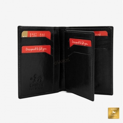 Carteira preta de pele com cartões vermelhos 'Designed to fit you'