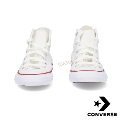 Ténis Converse brancos de cano alto com sola de borracha branca e detalhe vermelho