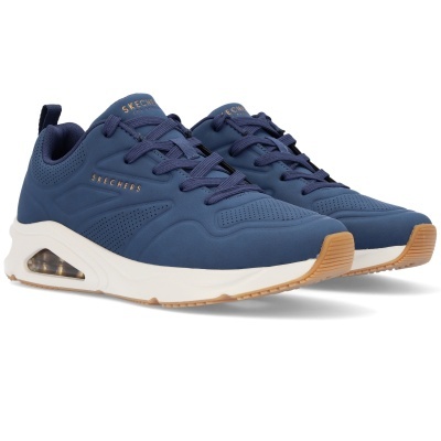 Ténis desportivos Skechers azuis com sola branca e detalhes castanhos