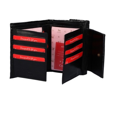 Carteira preta em couro com compartimentos e cartões vermelhos