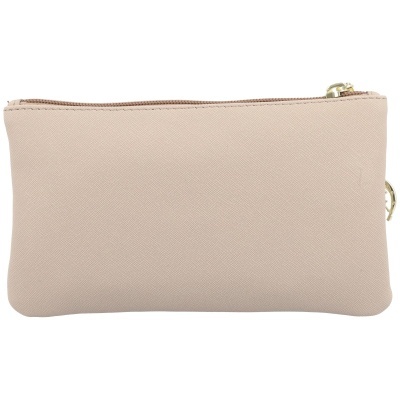 Bolsa pequena bege com fecho dourado.