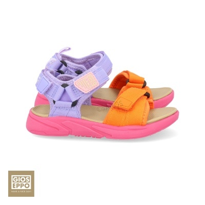 Sandálias para crianças com tiras lilás e laranja e sola rosa