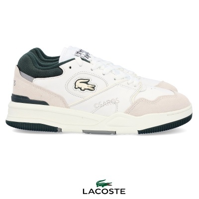 Tênis branco com detalhes em beige e verde escuro, logótipo crocodilo Lacoste