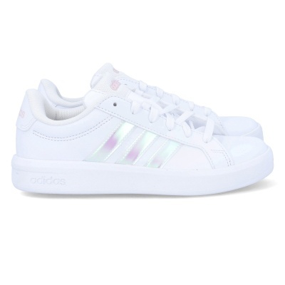 Sapatilhas Adidas brancas com riscas iridescentes e sola branca