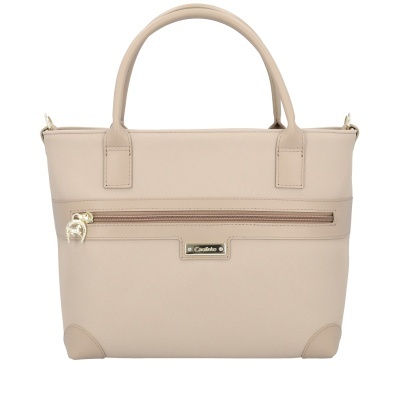 Mala bege clara com fecho e placa metálica