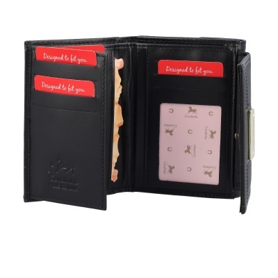 Carteira preta em pele com fecho metálico e cartões inseridos