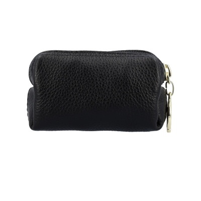 Carteira pequena preta em pele com fecho e argolas douradas