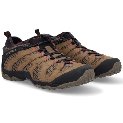 Sapatilhas de caminhada castanhas com detalhes pretos e vermelhos