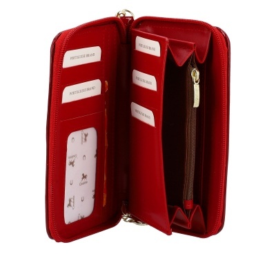 Carteira vermelha de pele com fecho e compartimentos interiores
