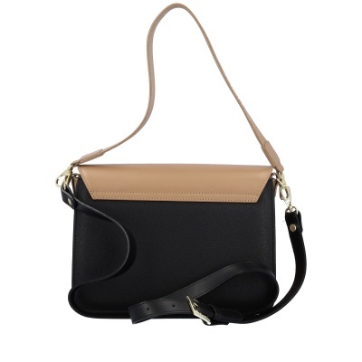 Mala feminina castanha e preta com alças e fivelas douradas