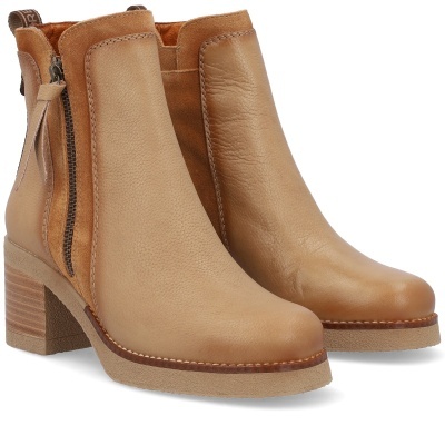 Botas de salto médio bege em couro e camurça com fecho lateral