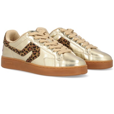 Ténis dourados com padrão animal print e sola castanha