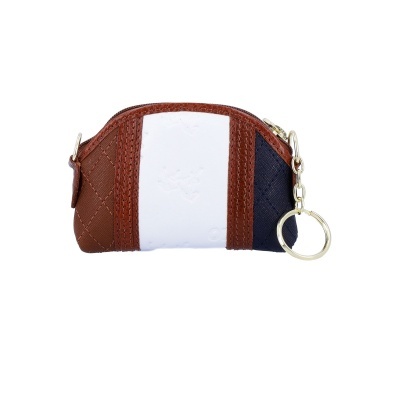 Carteira pequena com faixas castanha, branca e azul escura e fecho dourado
