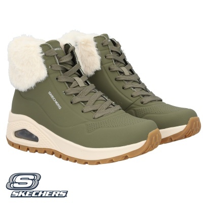 Botas femininas verdes Skechers com pelo branco