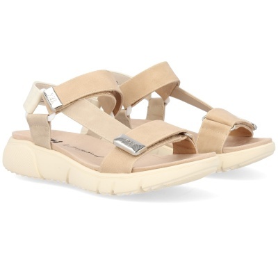 Sandálias desportivas bege com tiras de tecido e sola branca antiderrapante