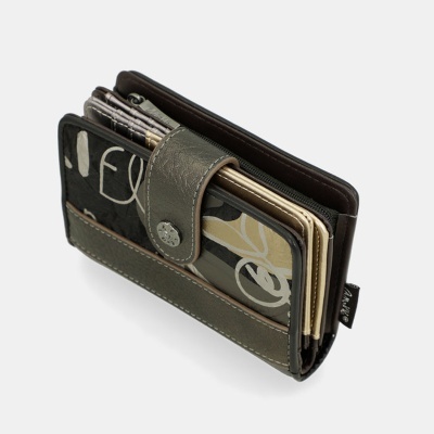 Carteira feminina cinza e preta com fecho de botão