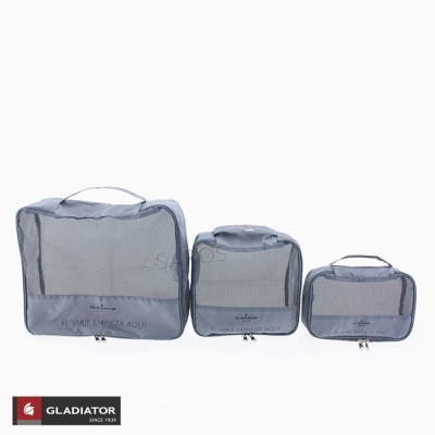 Três malas organizadoras cinzentas da marca GLADIATOR com parte em rede