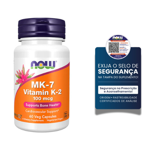 Now® Vitamin K2 (MK7) 60 Capsules Frasco de suplemento MK-7 Vitamin K-2 da NOW com selo de segurança
