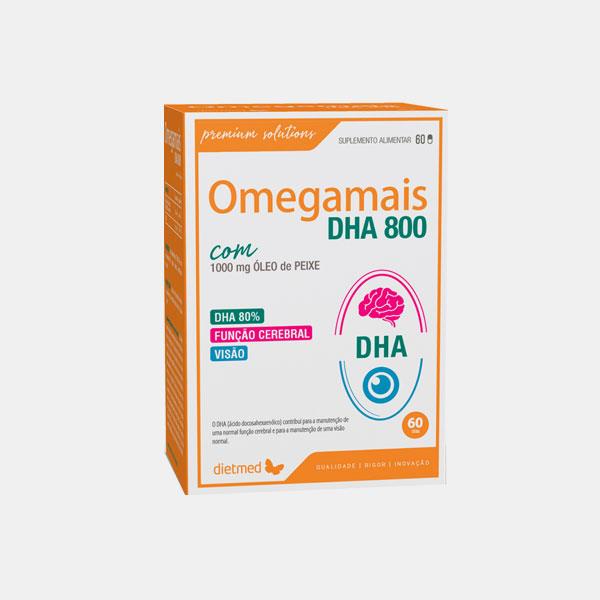 Omegamais DHA800 60 Cápsulas Caixa de suplemento alimentar Omegamais DHA 800 com óleo de peixe e indicações de função cerebral e visão