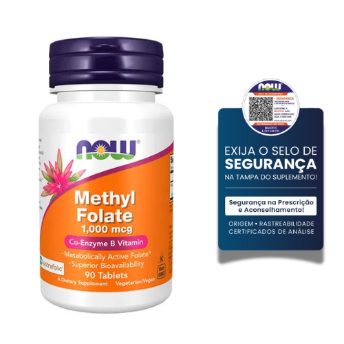 Now® Methyl Folate 1000mg 90 Tablets Frasco do suplemento NOW Methyl Folate com selo de segurança