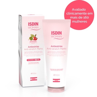 Creme anti-estrias ISDIN Woman com embalagem branca e rosa
