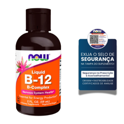 Frasco de suplemento NOW Liquid B-12 B-Complex com selo de segurança