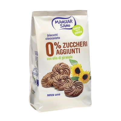 Pacote branco de bolachas de chocolate Mangiar Sano com texto em italiano