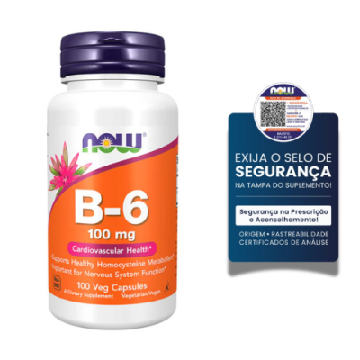 Frasco de suplemento NOW B-6 100 mg com rótulo laranja e tampa roxa, rótulo com texto de benefícios e selo de segurança.