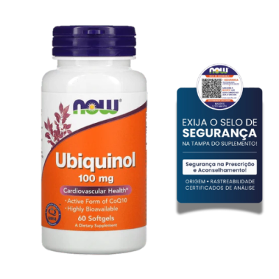 Frasco de suplemento NOW Ubiquinol 100 mg com rótulo laranja e selo de segurança