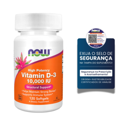 Frasco de suplemento Now Vitamina D-3 com selo de segurança