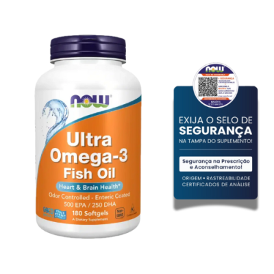 Frasco de suplemento Ultra Omega-3 Fish Oil da NOW e selo de segurança com texto em português.