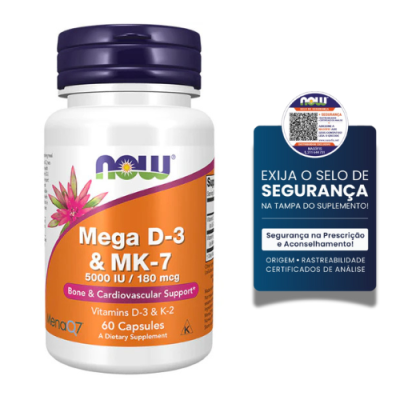 Frasco branco de suplemento Mega D-3 & MK-7 com tampa roxa e selo de segurança