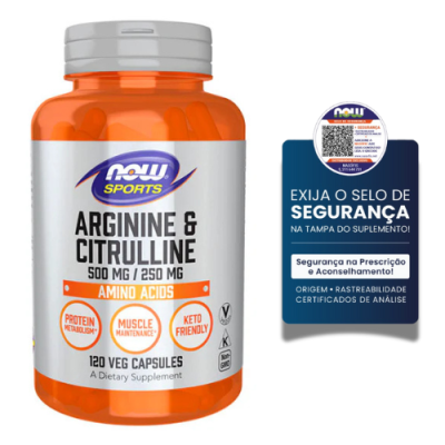 Frasco laranja de suplemento NOW Sports Arginine & Citrulline com rótulo branco e selo de segurança